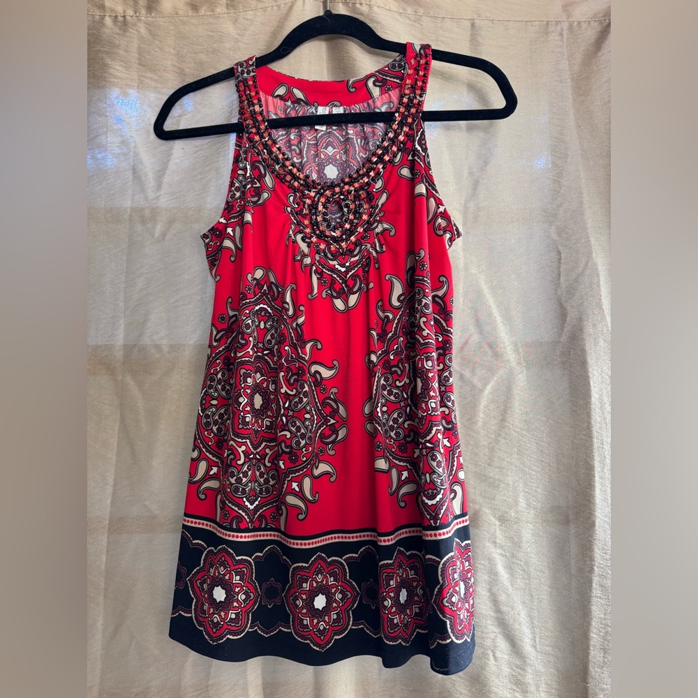Madison Petite Red Paisley Beaded Embellished Sleeveless Top – PS